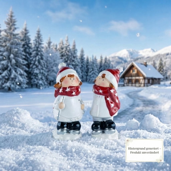 2er Set Niedliche Winterkinder auf Ski ca. 18 cm - Weihnachtsdekoration